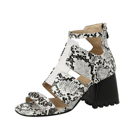 

Ramiter Women Shoes Heels for Women Ladies Fashion Snakeskin Leather Hollow Thick High Heeled Zippered Roman Sandals White