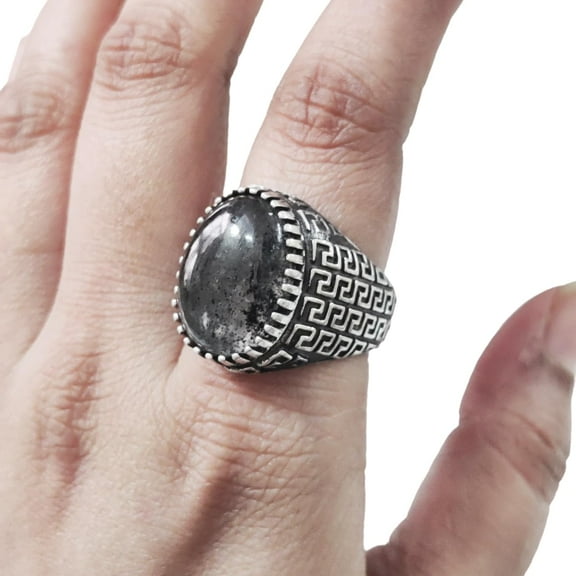 Black Rutile Mans Ring, Natural Black Rutilated Quartz, Quartz Silver Jewelry, 925 Silver Ring, Gift, Heavy Mens Ring, Arabic Design, Ottoman Style Ring, Christmas, Turkey Mens Signet Ring
