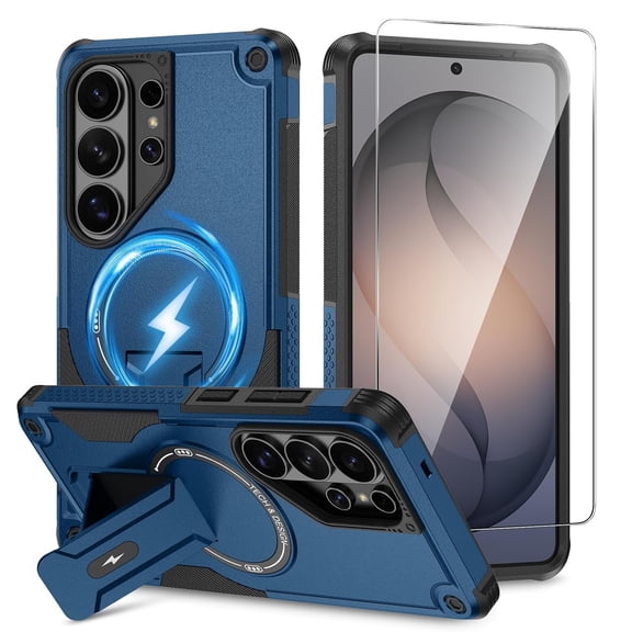 Dteck Magnetic Case with Tempered Glass Screen Protector for Samsung Galaxy S26 Ultra, Shockproof TPU PC Case Compatible with Mag Safe Invisible Kickstand Back Cover,Darkblue