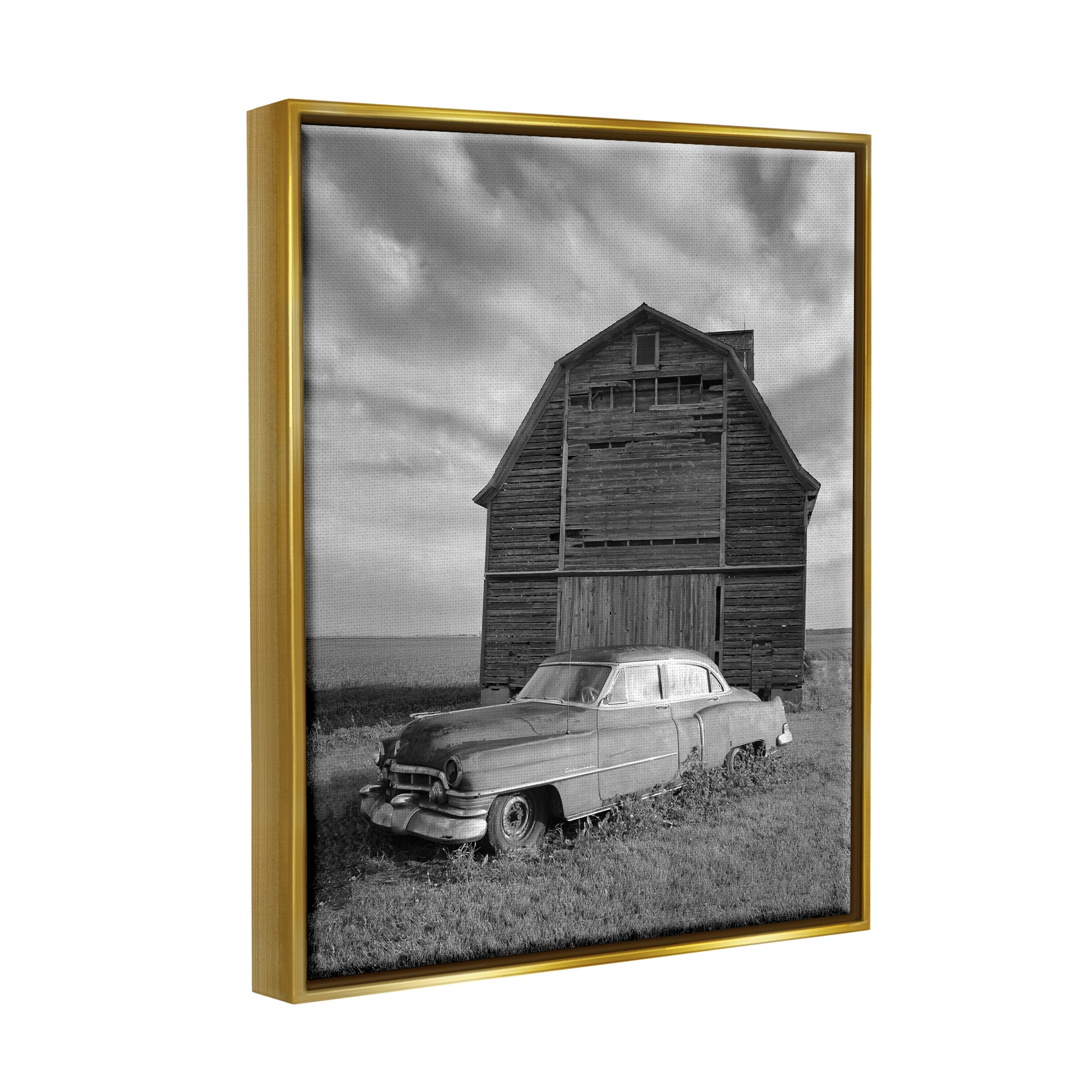 Stupell Industries Vintage Car & Barn Transportation Photography Gold Floater Framed Canvas Art Print Wall Art, 17 x 21