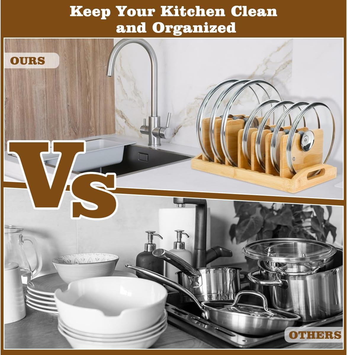 Bamboo Pot Lid Organizer,Pot Lid Holder Pot and Pan Organizer Drawer Organizer for Pot Lids,Pans, Cutting Boards & Baking Sheets, Dinner Plates