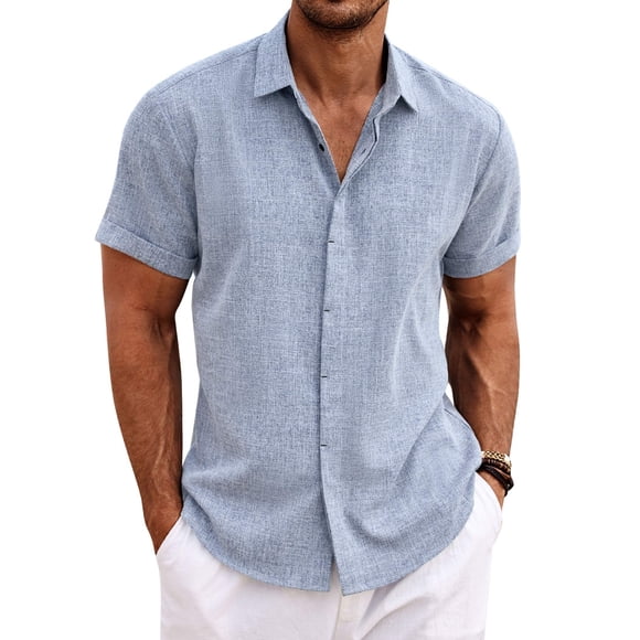 Camisa de lino de manga corta casual azul para hombre COOFANDY