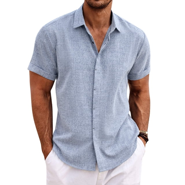 Camisa COOFANDY de lino casual de manga corta, azul claro