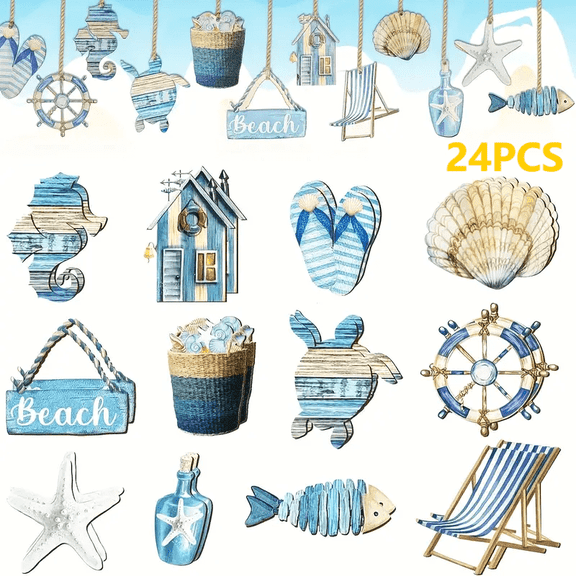 24pcs Summer Wooden Beach Decorations, Ocean Theme Decor, Contains Shell Seahorse, Beach Tree, Nautical Animal Hanging Ornaments, Ideal as nautical decorations for home and Beach Christmas Ornaments