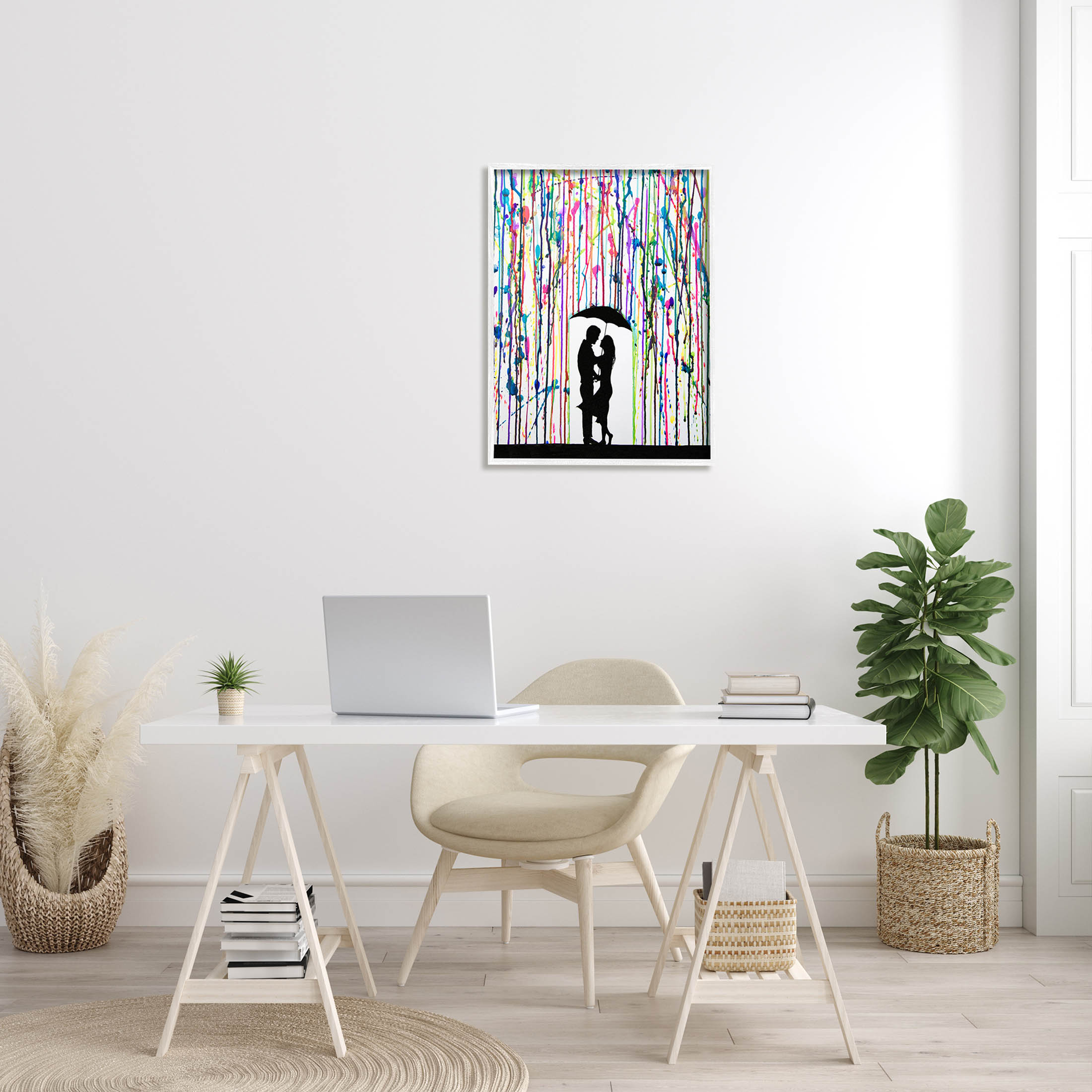 Modern Romantic Rainfall Silhouette Abstract Graphic Art White Framed Art Print Wall Art