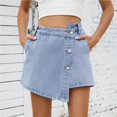 thumbnail image 3 of Pantalones cortos de mezclilla asimétricos casuales con falda pantalón de mezclilla de talle alto con botones delanteros for mujer, 3 of 7