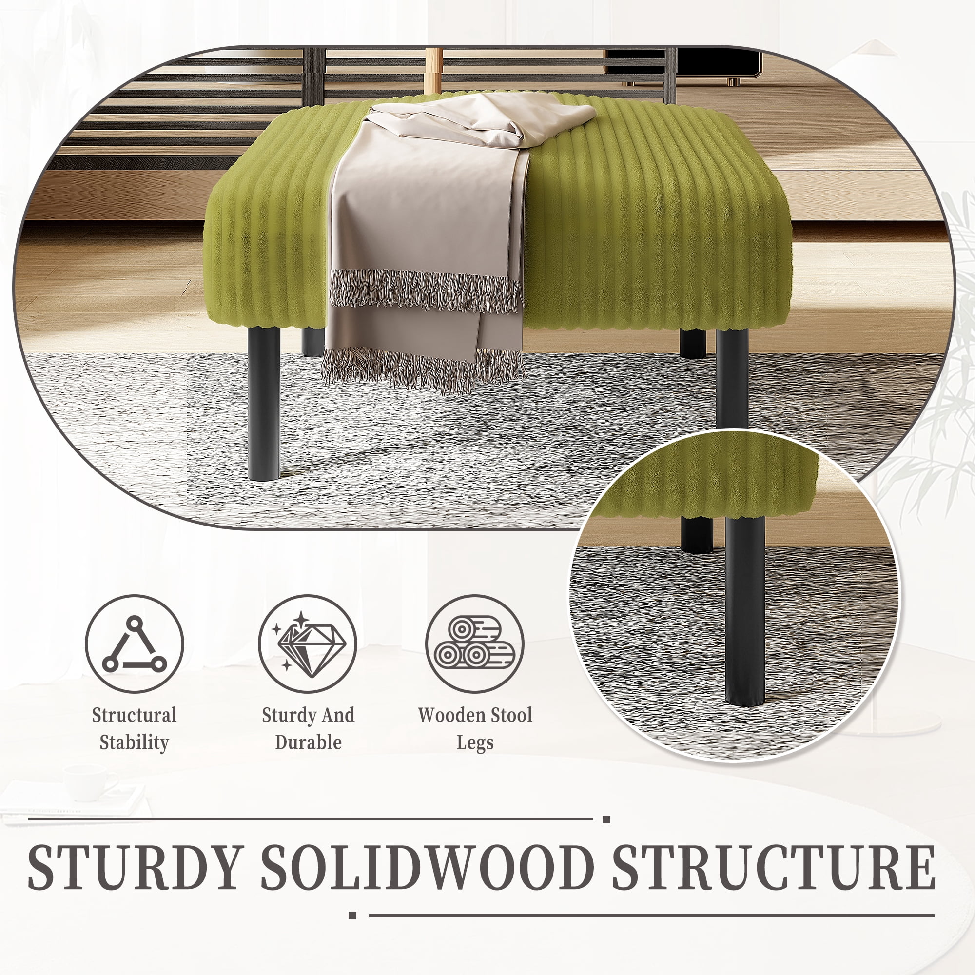MOONMISS Corduroy Upholstered Mid-century Modern Square Wood Frame Ottoman with Soft Padded Seat-Olive Green