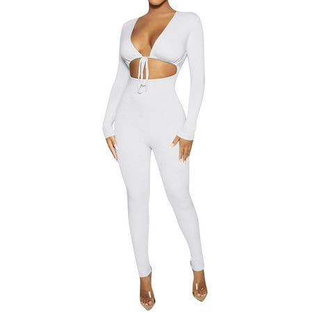 

PhoneSoap Womens Bodycon Jumpsuit Long Sleeve High Waist Romper Clubwear White L