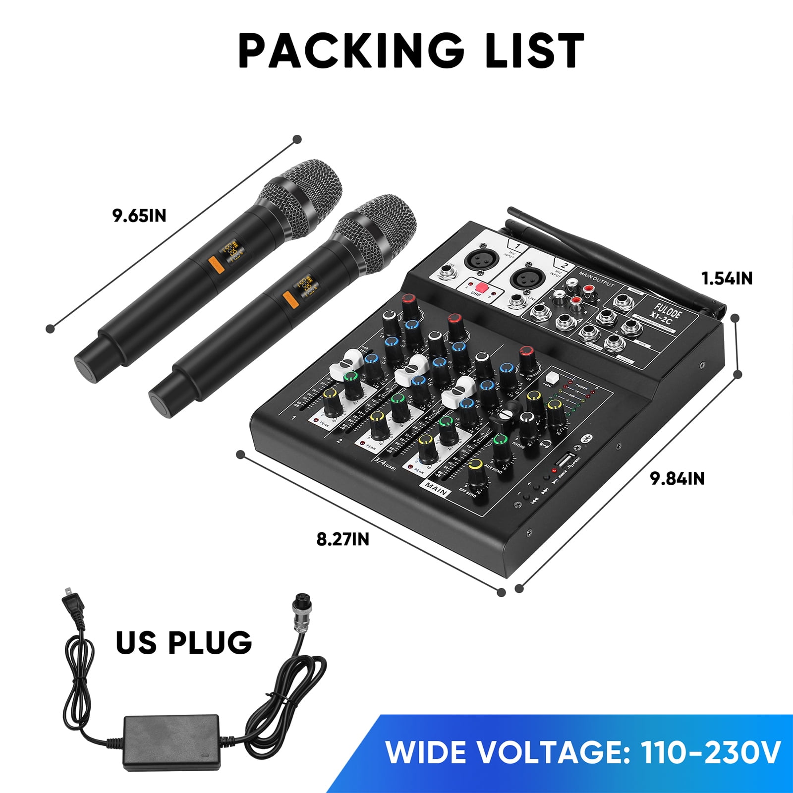 FULODE 4 Channel Audio Mixer, Karaoke Mixer with Dual Wireless Microphones, Professional Sound Board DJ Mixing Console MP3 Bluetooth 48V Phantom Power USB Interface for PC Studio Recording Party