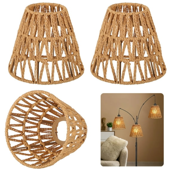 3 PCS E27 Rattan Lampshades, Bell Shape Woven Chandelier Shade, Paper Rope & Metal Frame, Bohemian Style Light Shade Replacement for Table Lamps, Pendant Lights, Wall Lights