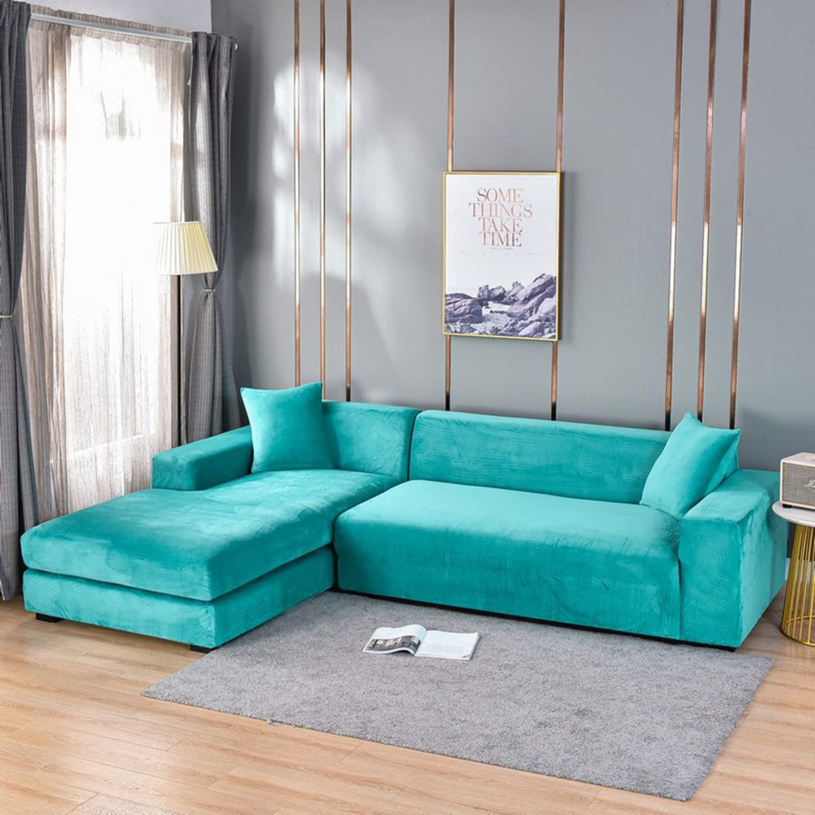 Stretch Sectional Couch Covers Velvet, L-Shaped Sofa Covers Velvet 2 Piece Soft Furniture Protector with Elastic Bottom for Dogs Cats -Light blue-4-seater + 4-Seater