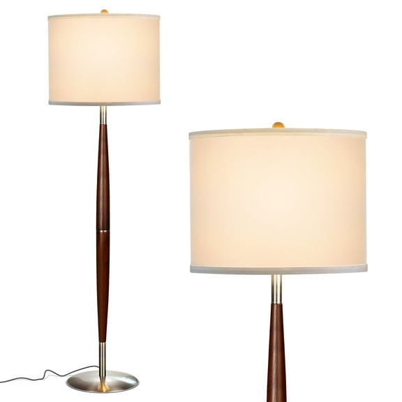 Brightech Lucas 61 in. Walnut Brown Wood Mid-Century Modern 1-Light LED Super Bright Floor Lamp with White Fabric Drum Shade