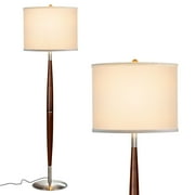 Brightech Lucas 61 in. Walnut Brown Wood Mid-Century Modern 1-Light LED Super Bright Floor Lamp with White Fabric Drum Shade