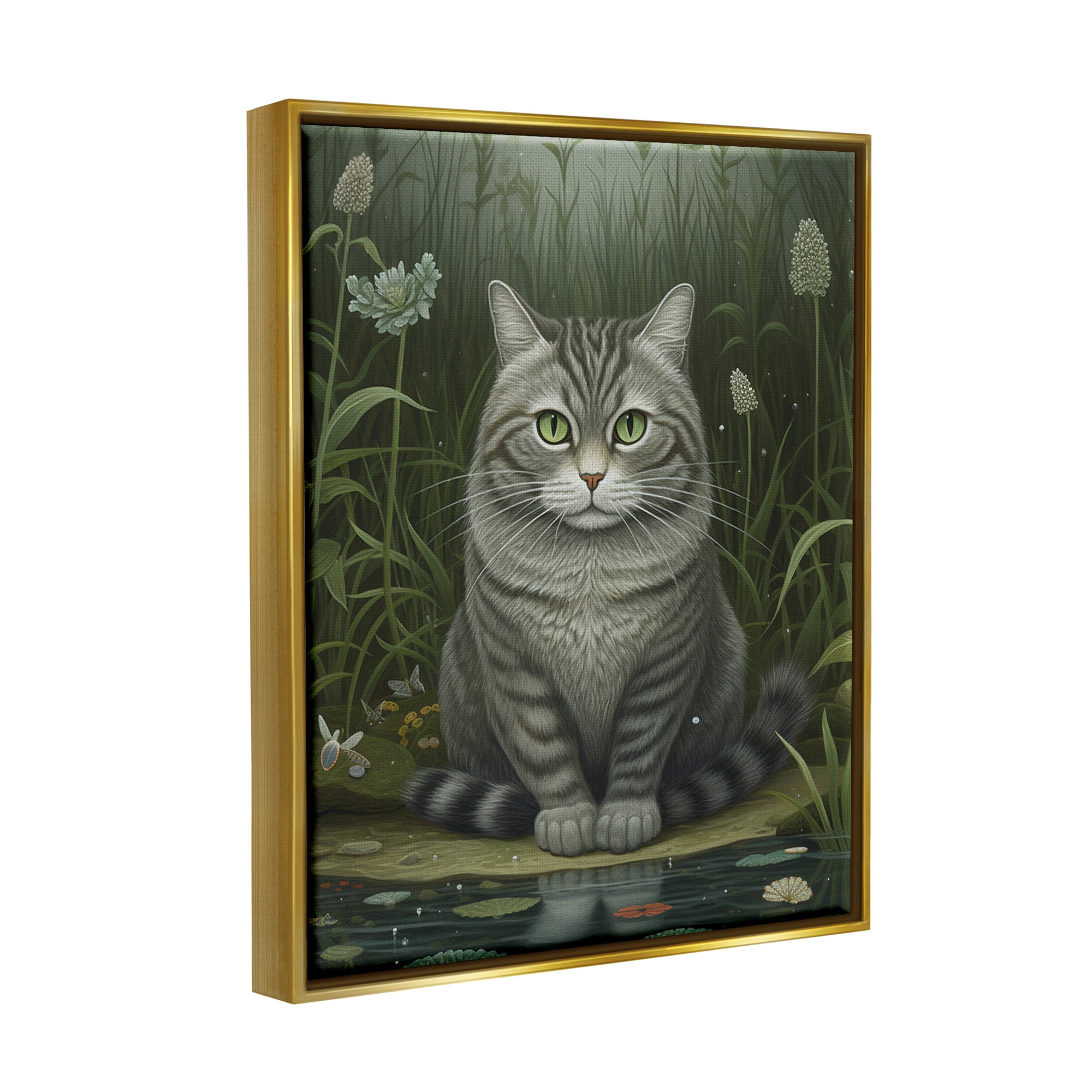 Stupell Industries Cat & Pond Lilies Animals & Insects Painting Gold Floater Framed Art Print Wall Art, 17 x 21