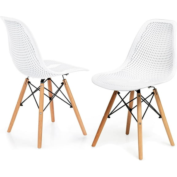 RONG-3 Set of 2 Dining Chairs, Molded Shell Plastic Side Chairs with Mesh Design, Solid Wood Legs, Mid-Century Modern Armless Side Chairs for Kitchen, Dining Room, Living Room (White)