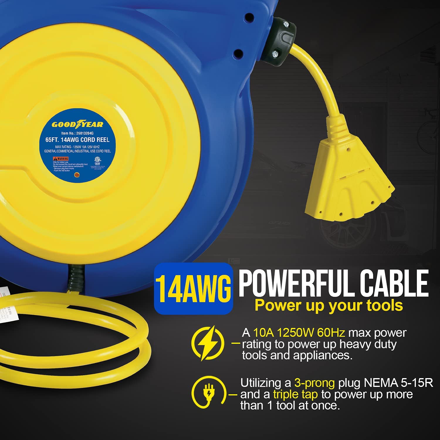 Goodyear Extension Cord Reel Mountable & Retractable - 14AWG x 65' Ft, 3  Grounded Outlets, Max 10A