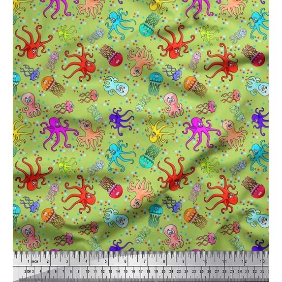 Soimoi Rayon Fabric Dot,Octopus & Jellyfish Ocean Print Sewing Fabric Yard 42 Inch Wide