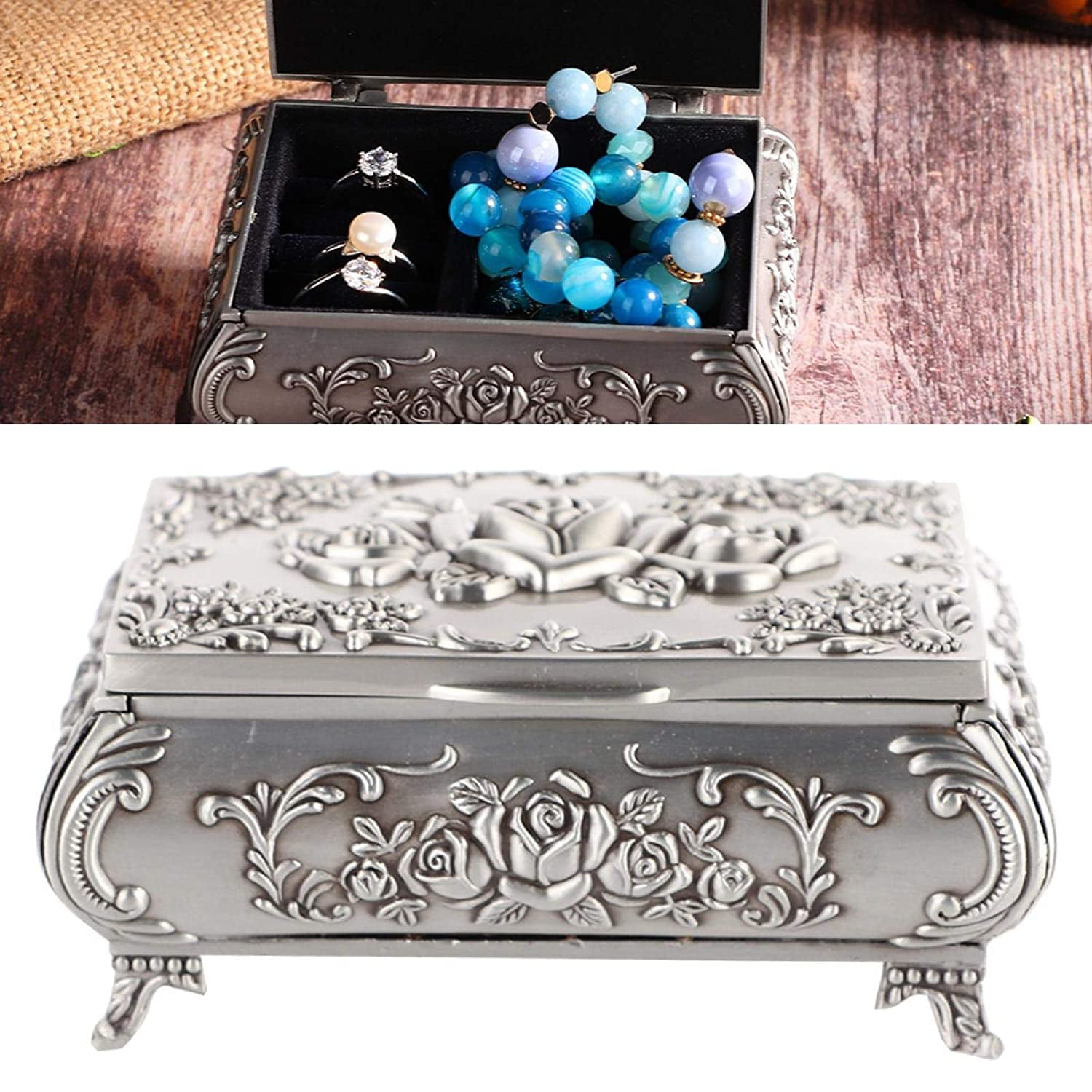 Zinc Alloy Metal Stereoscopic Rose Carved Jewellery Box Rings Earrings 