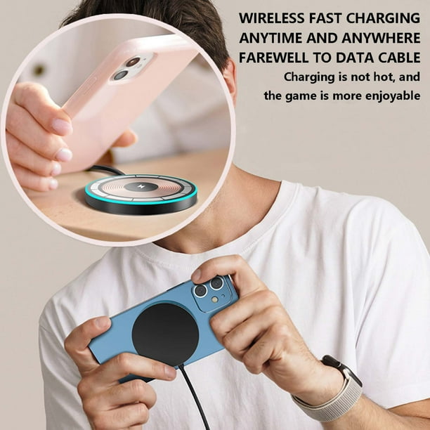 Cargador inalámbrico transparente de absorción magnética de 15 W, compatible con teléfonos móviles. Cargador inalámbrico con emisión de luz ambiental. Carga inalámbrica segura y rápida.