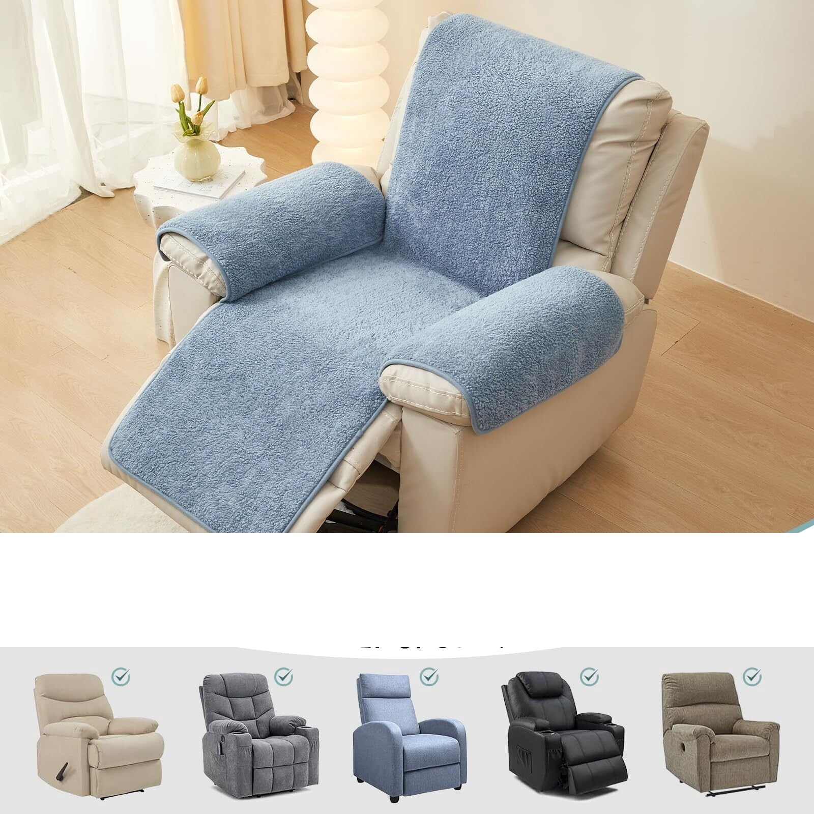 Recliner Chair Covers Fleece Soft Warm Sofa Slipcover Furniture Protector Non-Slip Washable Reclining Chair Cover for Kids, Pets