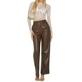 thumbnail image 2 of Canrulo Women High Waist Faux Leather Pants Straight Wide Leg Leggings Pants Slim Streetwear Brown L, 2 of 9