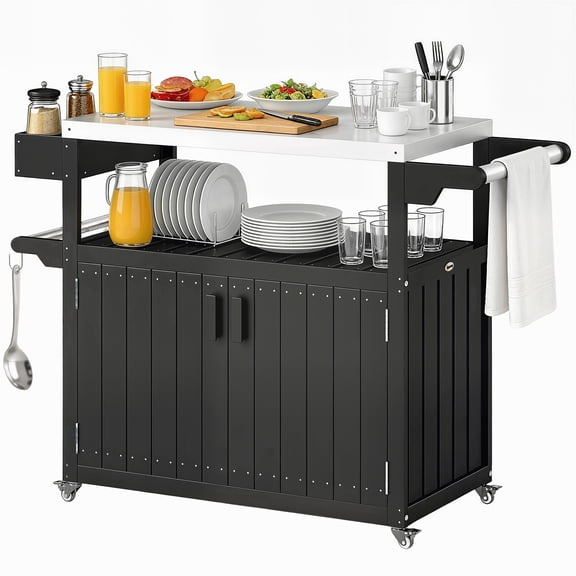 Outdoor Bar Cart with Storage, Stainless Steel Outdoor Bar Table Top, Wheeled HDPE Kitchen Island for Food Prep, Black