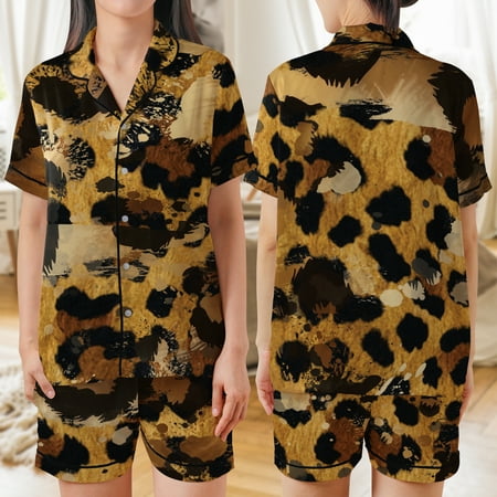 Lotusprinthandmade Leopard Print All-over Print Satin Short-Sleeve Pajamas Set (No Pocket) (5XL) leopard satin pajamas leopard print pajama set
