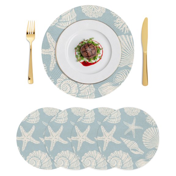 Round Placemats Ocean Coastal 15 inch Set of 4 Table Mats for Dining Table Shells Starfish Conch Coral Blue Linen Heat Resistant Non-Slip Kitchen & Home Decorative Place Mat Set