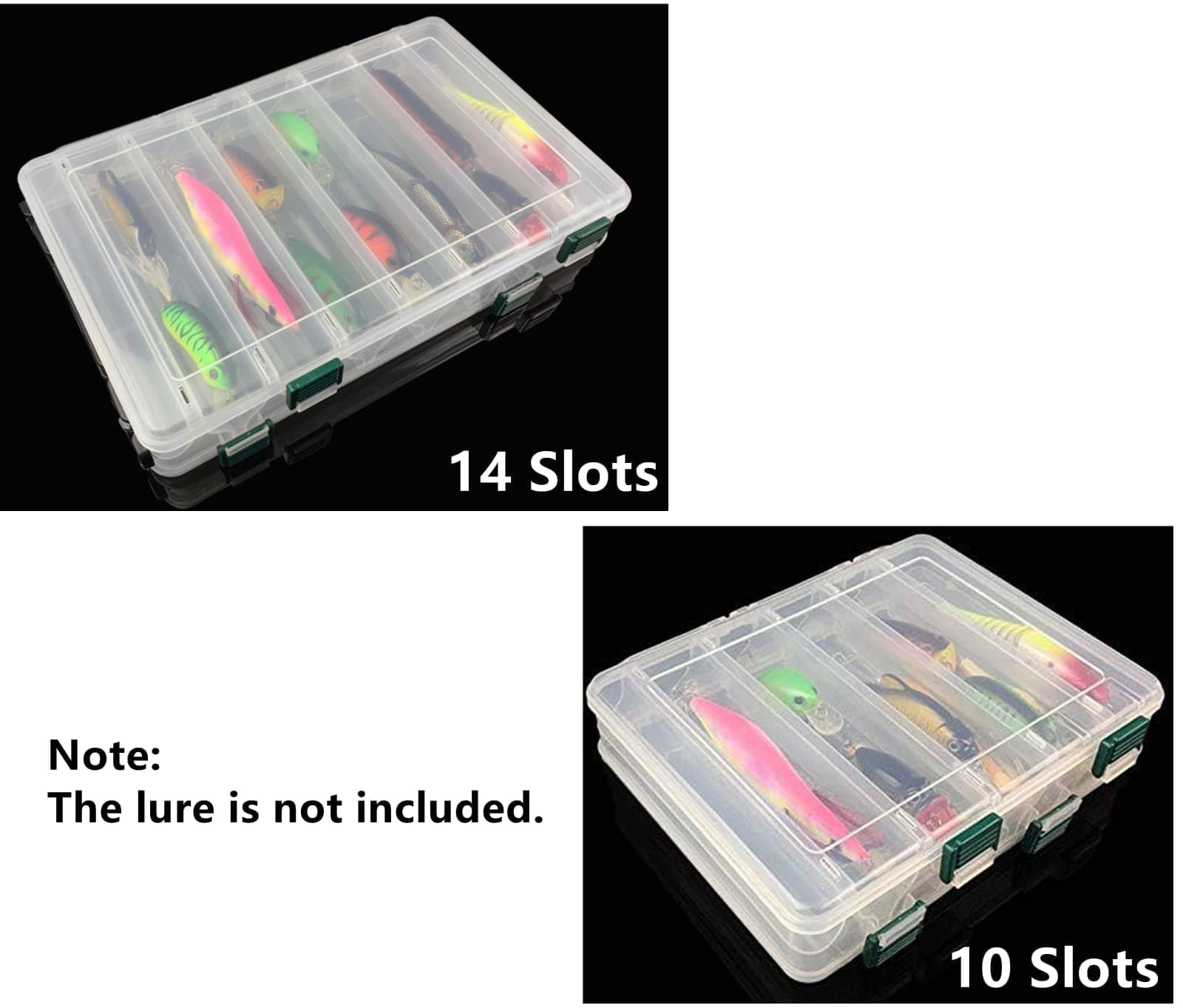 Double-sided Fishing Lure Hook Tackle Box Visible Hard Plastic Clear Bait Squid Jig Minnows Hooks Accessory Storage Case Container (clear-14 Slots 2pcs)