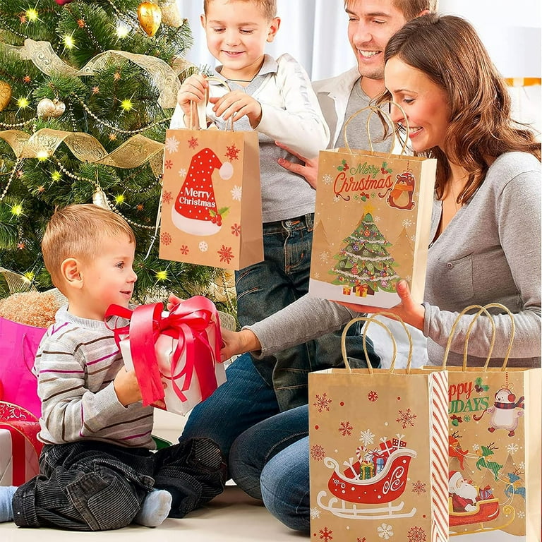 Owis 24 Pack Christmas Kraft Gift Bags with Handle, Holiday Goodie
