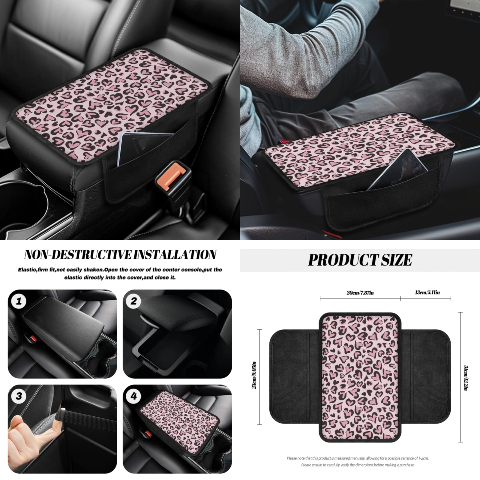 Yuyamidu Pink Heart Car Seat Cover Full Set with Steering Wheel Cover Seat Belt Pads Armrest Cover Handbrake Cover Set Trash Bag Auto Rear View Mirror Cover Cup Holders Fit for Most Vehicles