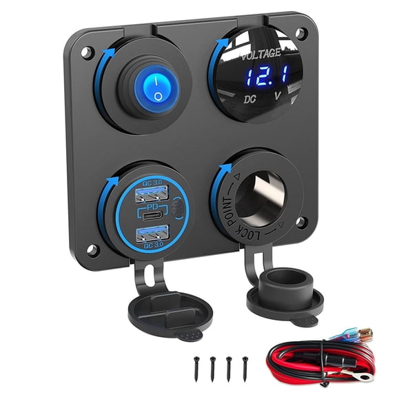 Marine Boat Watches-12V Charger Socket Panel, 4 in 1 DC Power Supply, 12V Outlet Panel, Multi USB, Fast Charger with Prohibited Switch