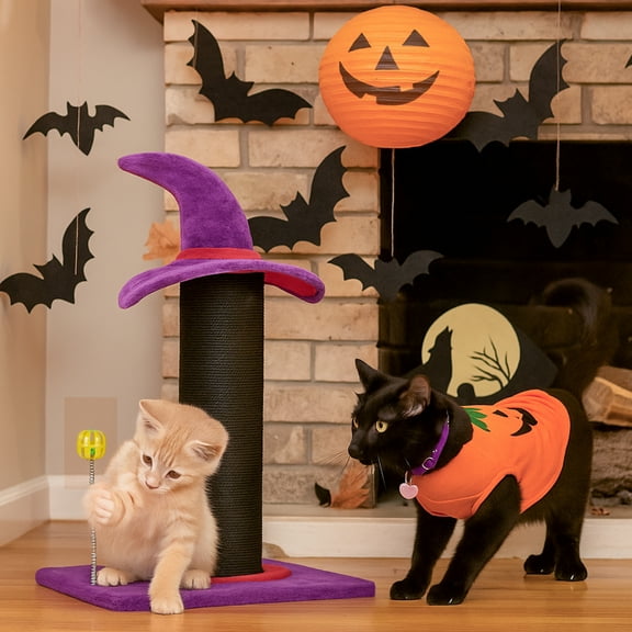 UBesGoo Wizard Hat Cat Scratching Post with Spring Ball Toy, Halloween Sisal Scratcher for Indoor Cats, 40x30x60cm, Purple