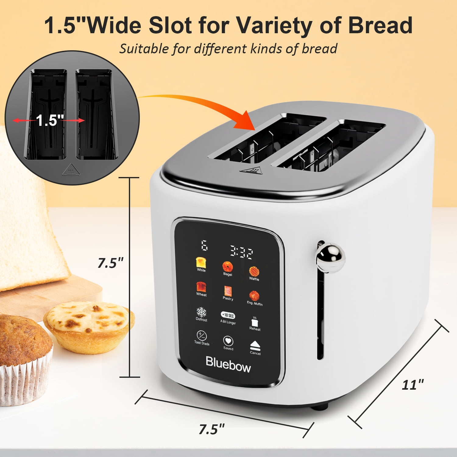 Bluebow 2-Slice Toaster with Touchscreen, 1.5" Wide Slots, 6 Bread Types & Shade Settings, Reheat, Defrost, Cancel, Removable Tray
