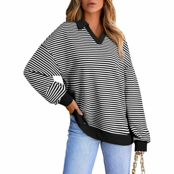 Riecok Womens Dressy Tops Plus Size V Neck Fall Tops Striped Long Sleeve Blouses Baggy Casual Clothes