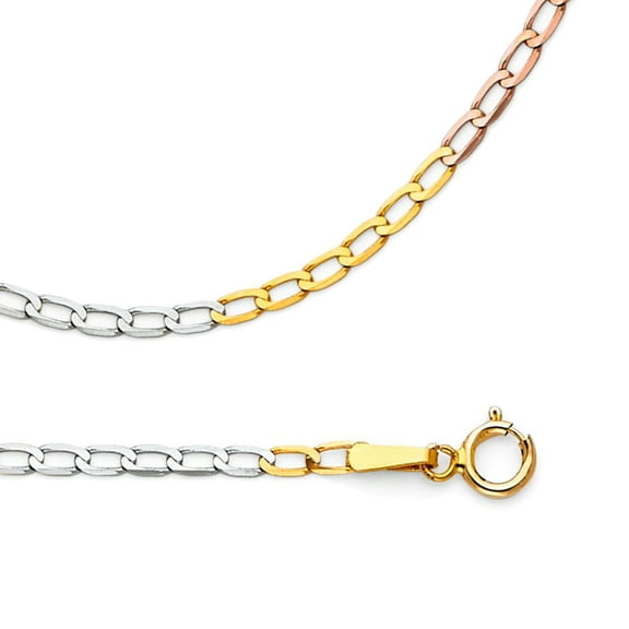 Solid 14k Yellow White Rose Gold Necklace Cable Chain Curb Link Polished Tri Color 1.7 mm 16 inch