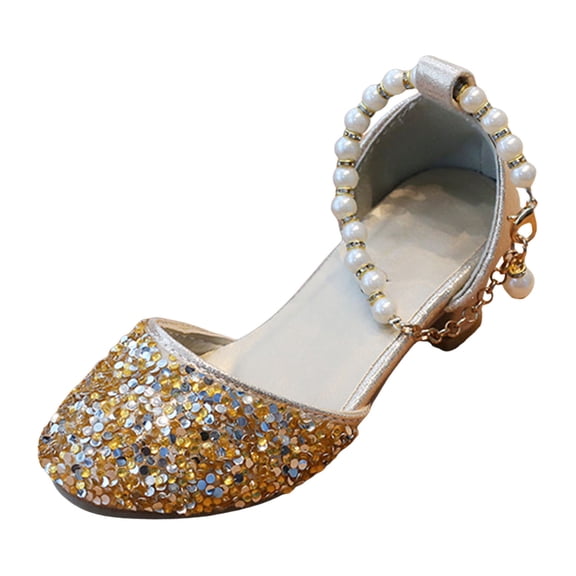 Staki Toddler Girl Dress Shoes Girls Sandals Glitter Wedding Party Princess Dress Shoes Flower Girl Low Heel Mary Jane Pumps for Kids Gold,12 Little Kid