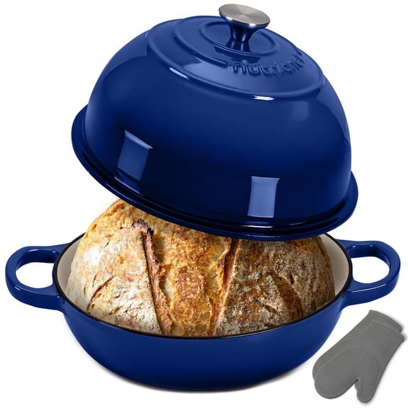 NutriChef 10.2" Enameled Cast Iron Bread Oven, Dome-Shaped Sourdough Dutch Oven with Handles & Silicone Gloves, Oven Safe to 500°F, Dishwasher Safe (Blue)