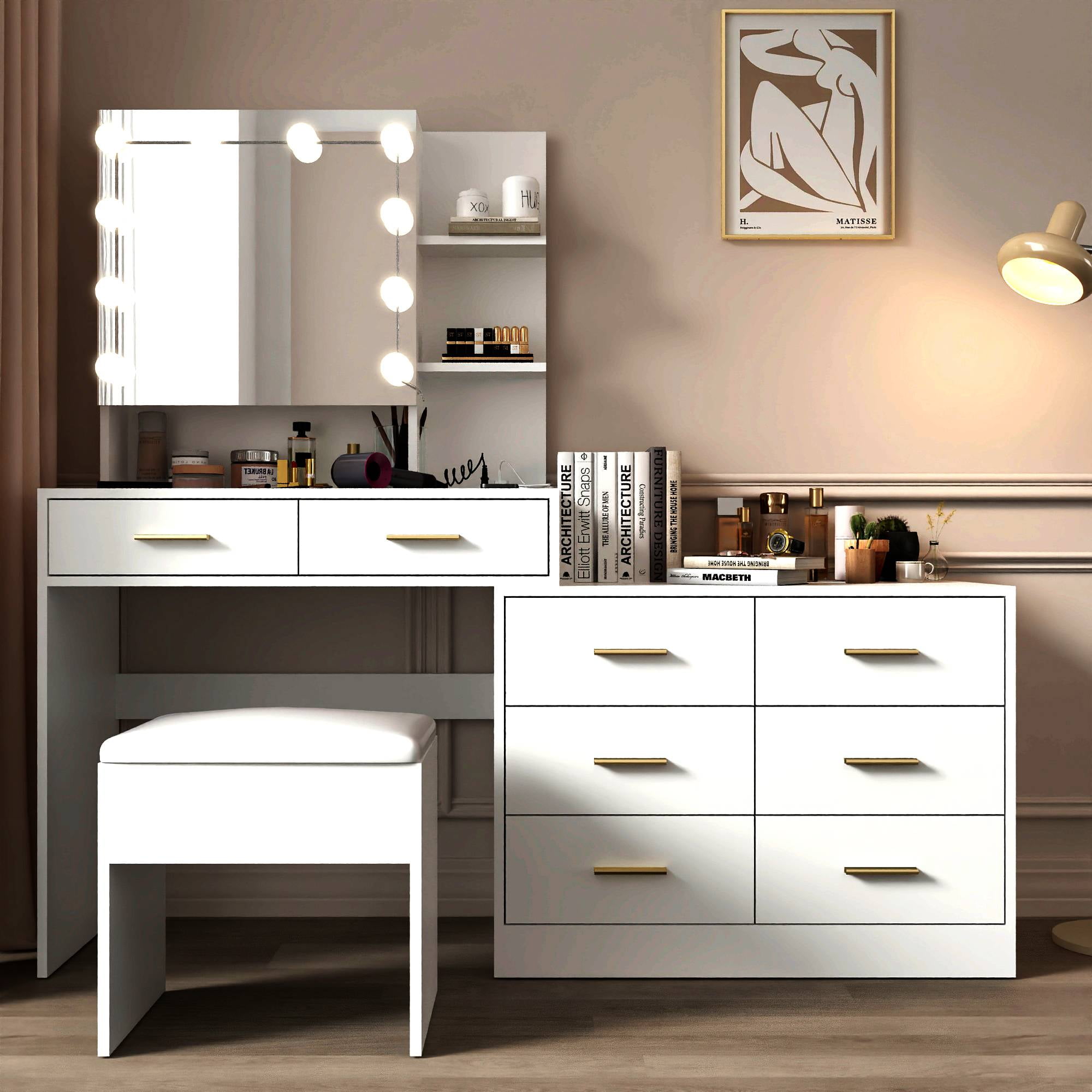 Ktaxon Makeup Vanity with 8 Drawers&Charging Station, Vanity Desk with 3 Color Light, Vanity Table Set w/ Drawer Dresser, White
