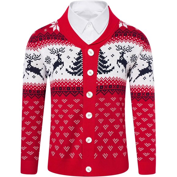 Cozople Mens Christmas Cardigan Sweater Ugly Shawl Collar Knitted Cardigan Overcoat for Xmas