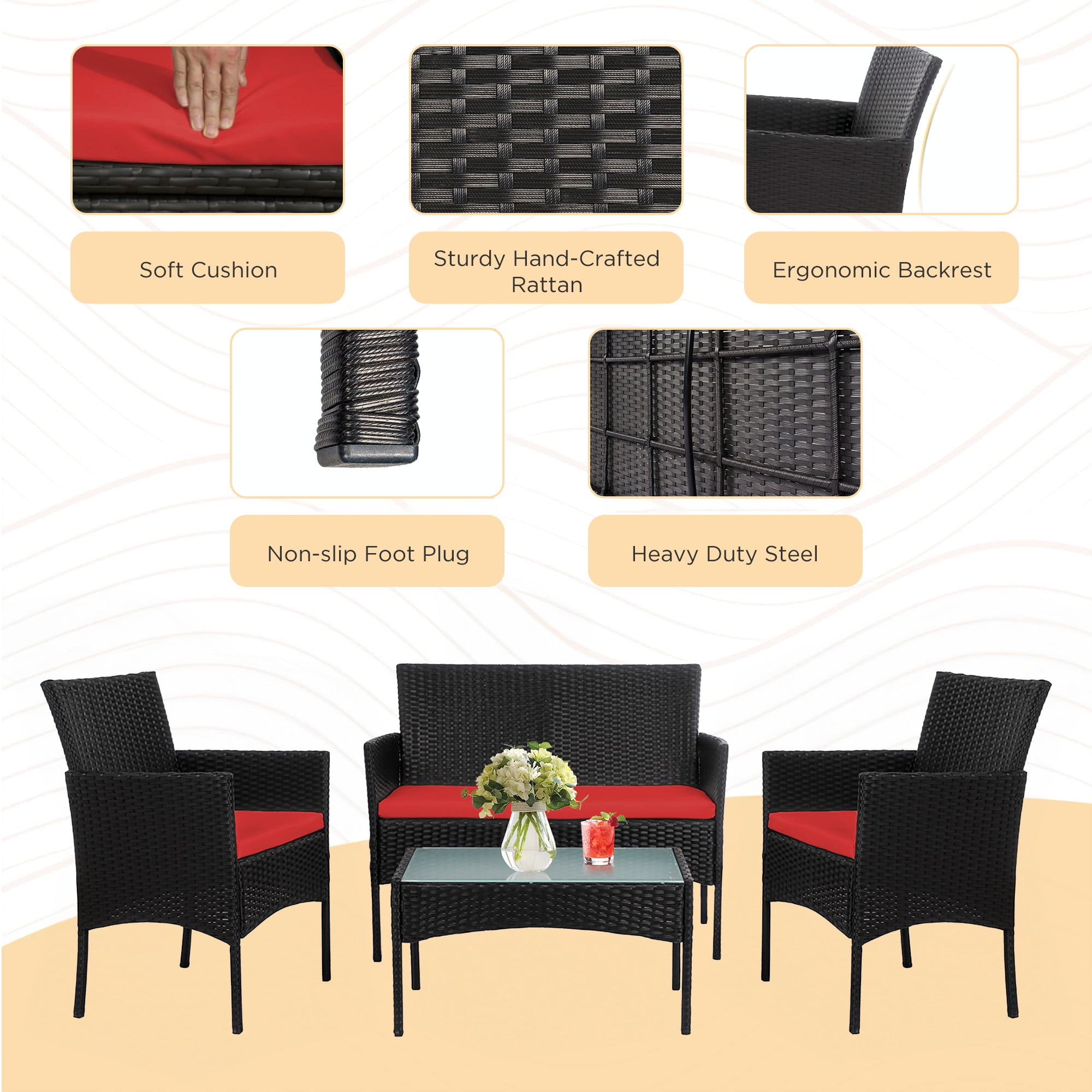 Tappio 4 Piece Patio Conversation Wicker Furniture Set, Porch Furniture Outdoor Sectional Furniture Set w/Coffee Table & Cushions Wicker Sofa Garden Conversation Set for Yard Pool Backyard, Black/Red