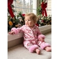 thumbnail image 4 of Cjfdfy Newborn Baby Girls Boy Satin Christmas Pajamas Clothes Santa Bow Print Long Sleeve Fuzzy Trim Button Jumpsuit Cute My First Christmas Fall Winter Sleepwear 0-18M, 4 of 9