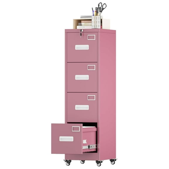File Cabinet 4 Drawer with Wheels, Lockable Office Metal Filing Cabinet with Name Card for Office and Home,Assembly Required,Pink