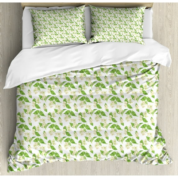 Jasmine Duvet Cover Set King Size, Garden Art Flowers on Plain Background Herbal Spring Blossoming, Decorative 3 Piece Bedding Set with 2 Pillow Shams, White Eggshell and Lime Green, by Ambesonne