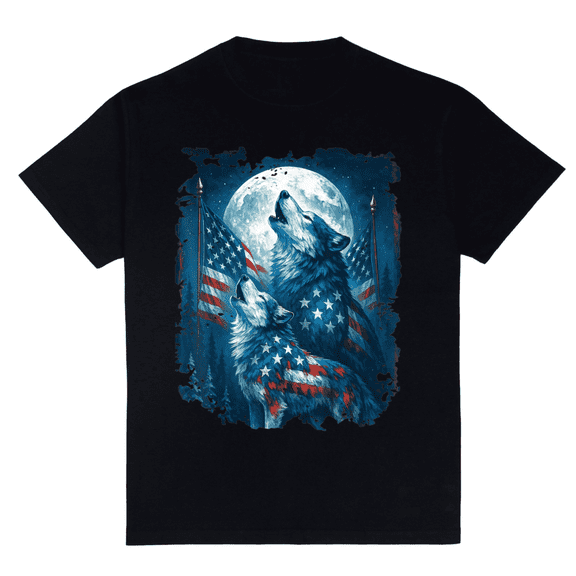 Patriotic Wolf Moon Pattern Casual T-Shirt,Summer casual short-sleeved shirt