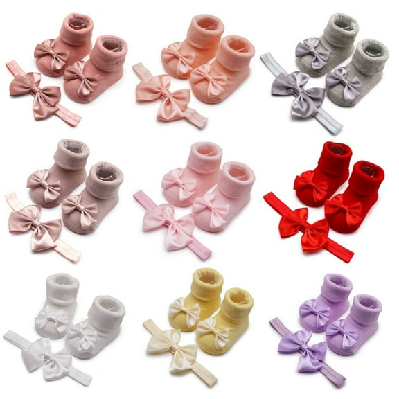Newborn Baby Girl Toddler Lace Bow Ankle Anti Slip Socks Hairband,kids Socks Girls 3-12 Months