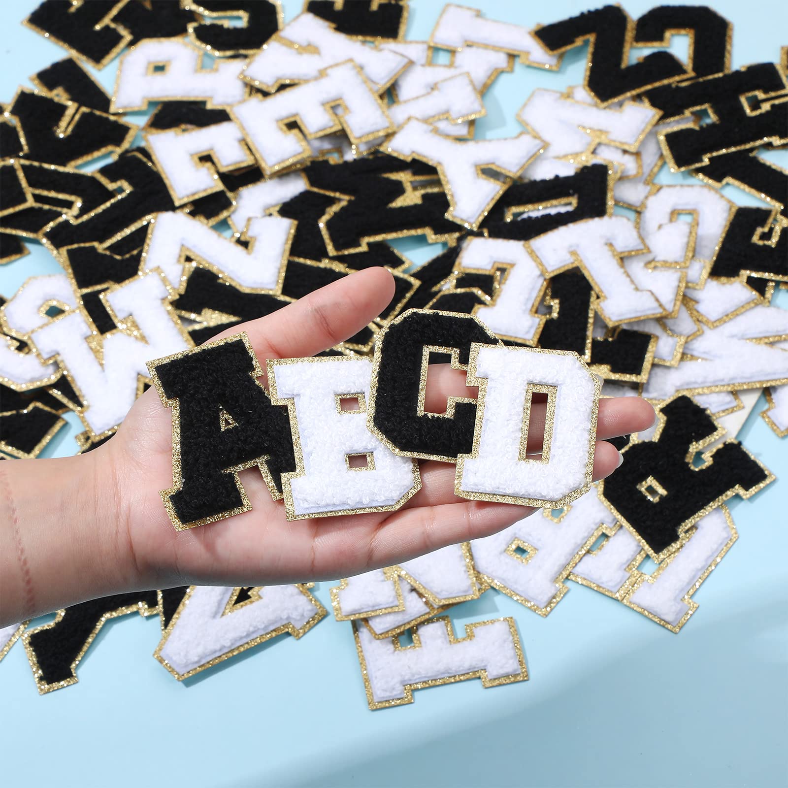 104pcs Letter Patch Iron on Chenille A-Z Repair Alphabet Applique Patches Embroidered Letter Sew on with Golden Border for Bags Shirts