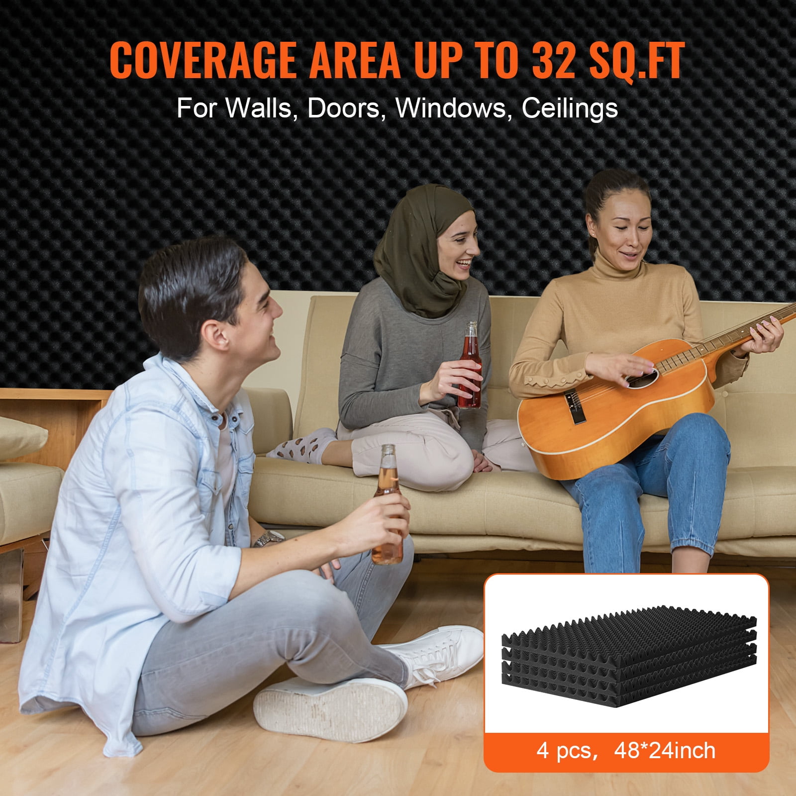 KFFKFF Acoustic Foam Panels, 4-Pack 48 x 24 x 2 Inches, Egg-Crate Design Soundproof Wall Panels,  Sound Absorbing Panels for Studio Walls and Ceilings, Black