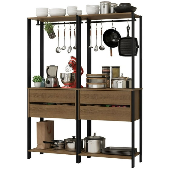 Madesa Kitchen Pantry Storage Rack with 4 Drawers and Hanging Spaces 55"L Multiuse Modular Cabinet for Kitchen Organization - Black/Brown
