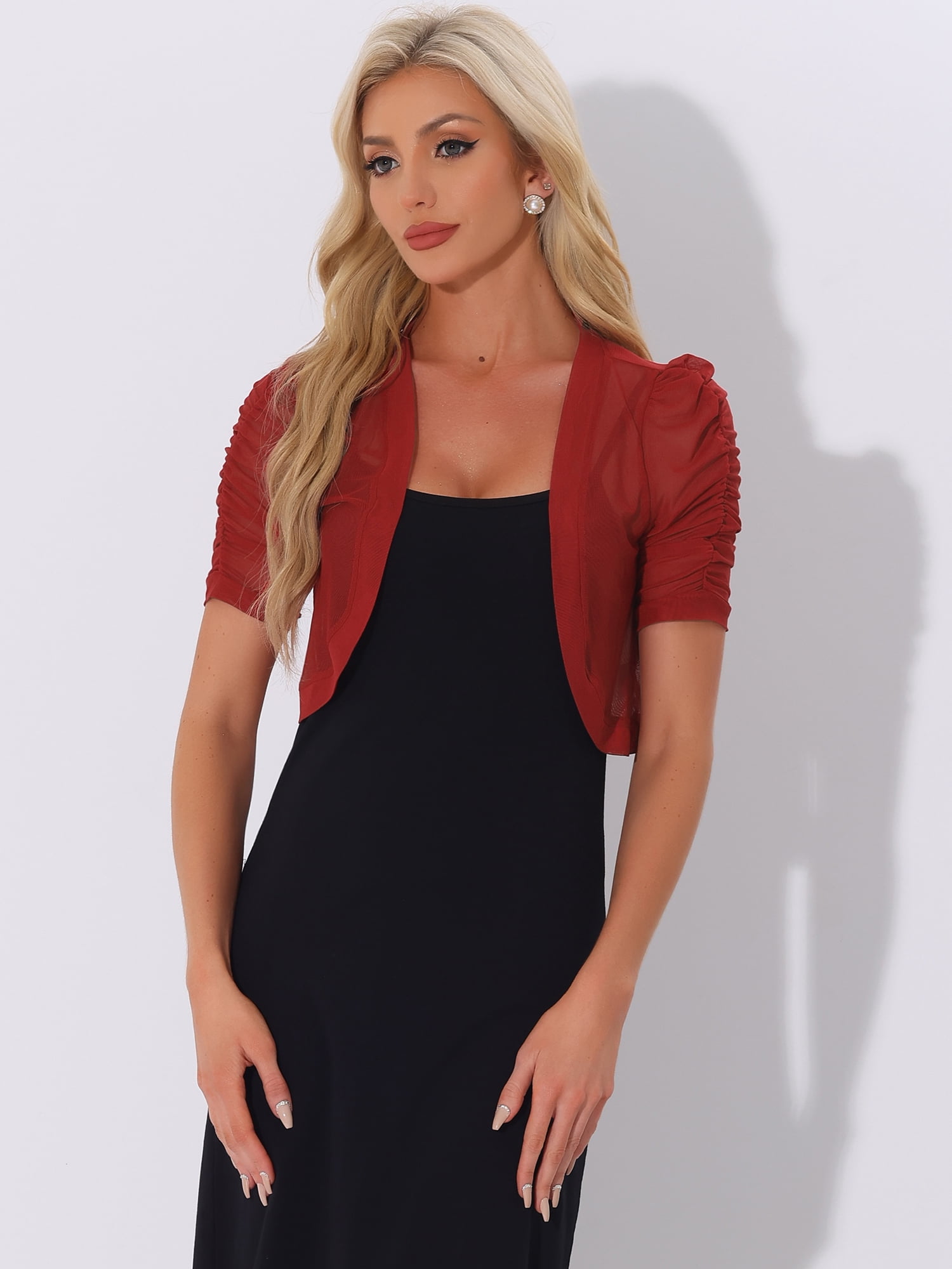 DARING DIVA Women's Mesh Sheer Shrug Cropped Cardigan Bolero S Red